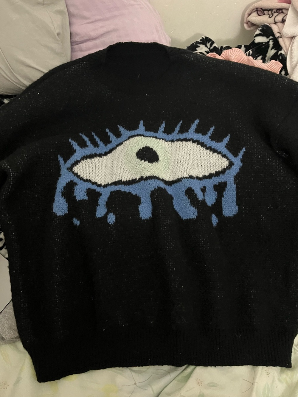 Others Follow Black Crewneck Sweater with Blue & Cream Eye Motif